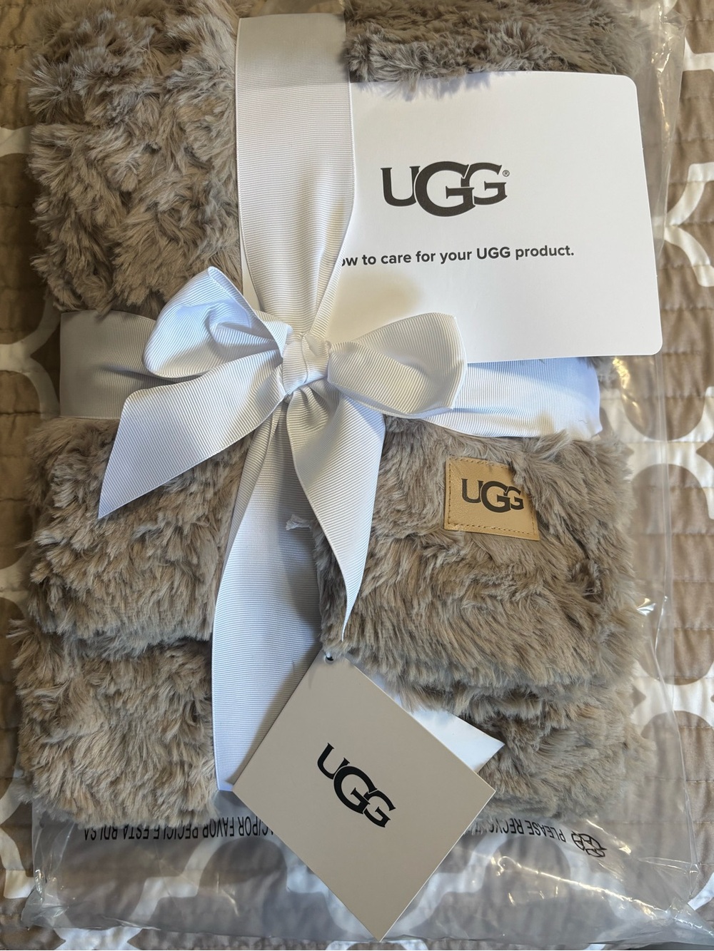 UGG Taupe Plush Faux Fur Throw Blanket